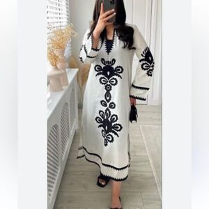 J.Marie White Cotton Kaftan Black Embroidery Dress XS